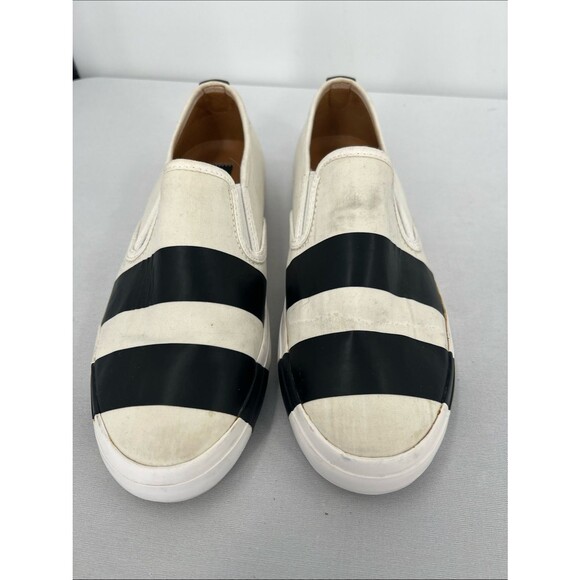 The Office Of Angela Scott Shoes - Canvas Slip-On Flats with Black Stripe Detail